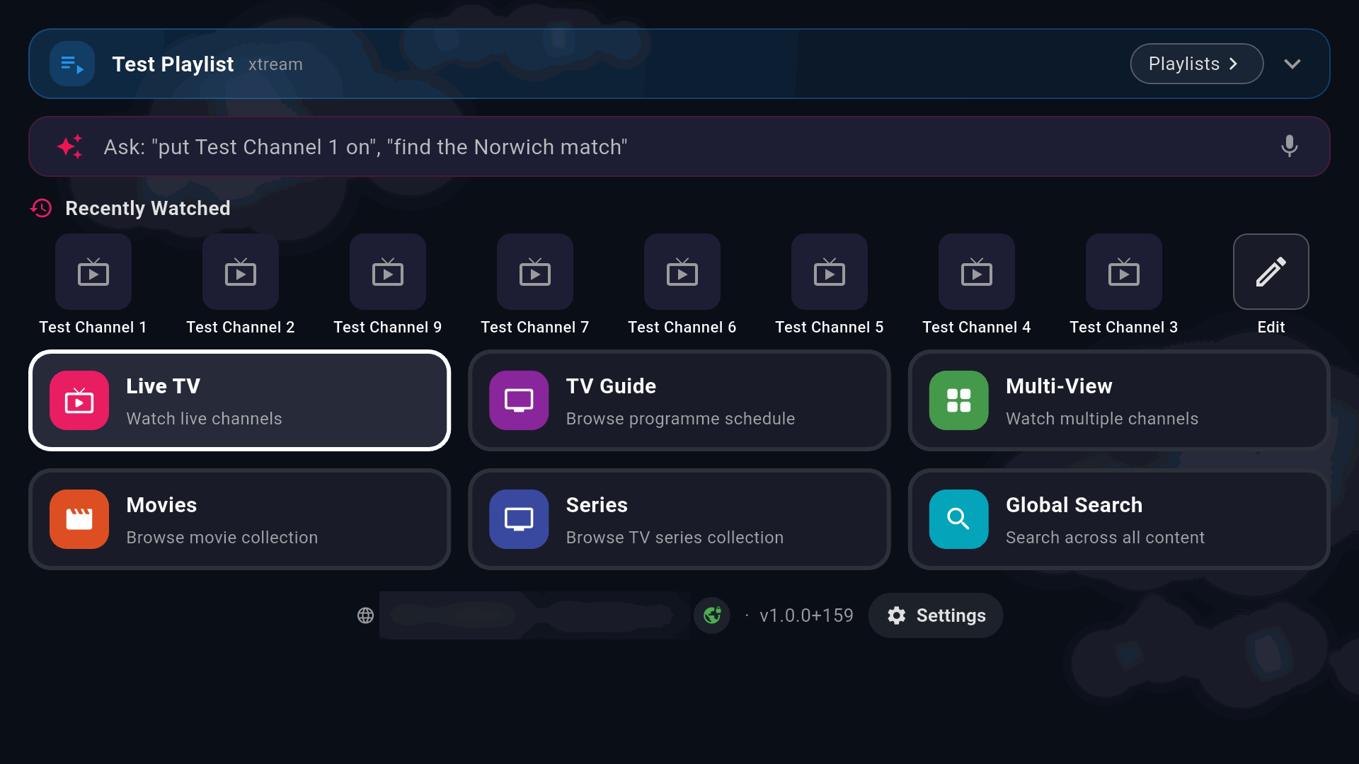 YAIP's home screen on a TV, a large focus ring on the selected tile
